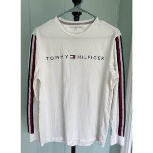 Tommy Hilfiger Men's Logo Striped Sleeve Long Sleeve White T-Shirt Sz S Nash